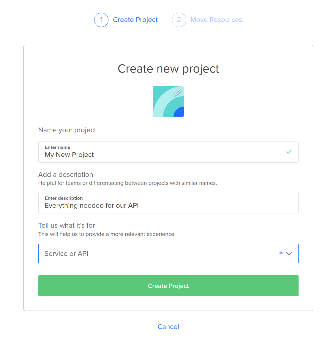 The “New Project” creation setup page where you can enter your project name, add a description, and select a purpose.