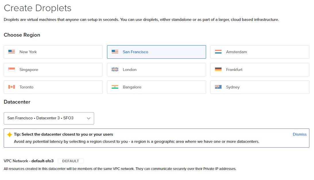 Choose the region and datacenter for your Droplet