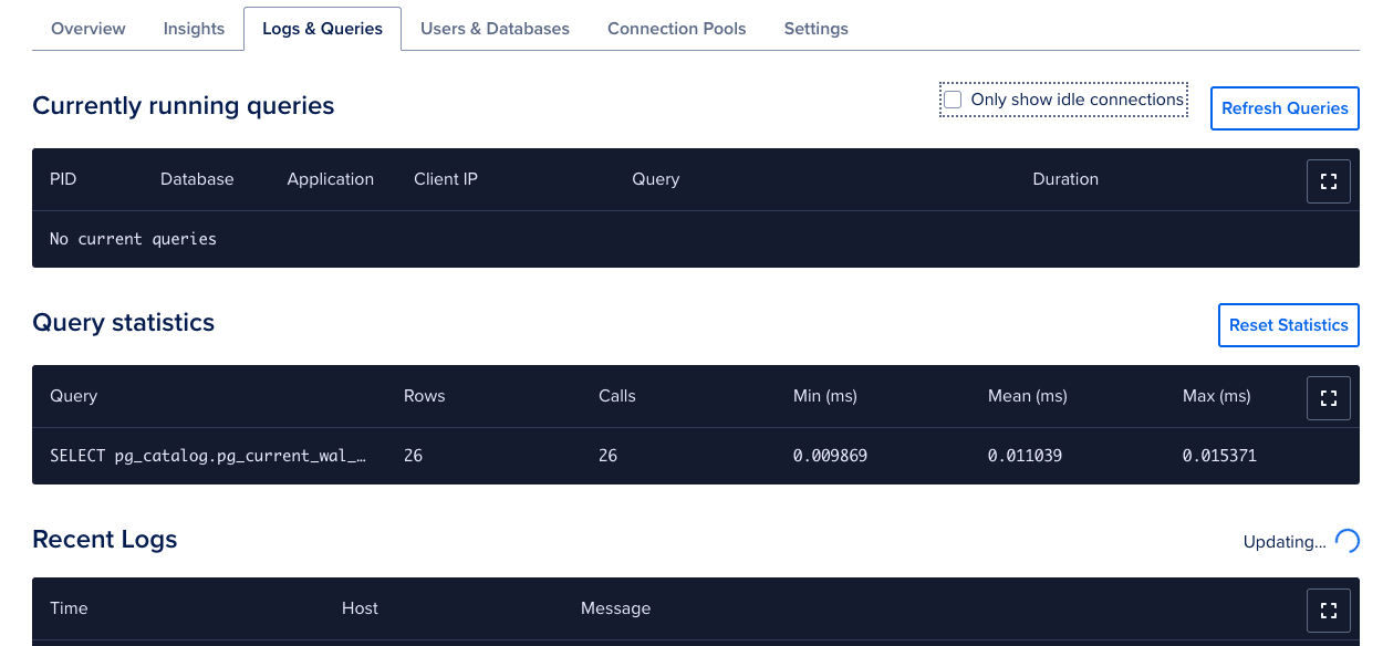 Screencapture of the Logs and Queries dashboard